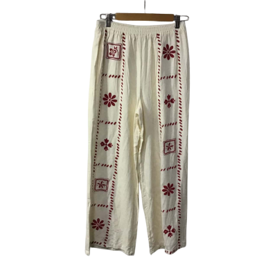 Princess Polly Womens Size 10  Cream / Red Embroidered Pattern Wide Leg Pants