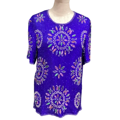  Jospeh Le Bon Heavy Sequinned  Size M Short Sleeve Top Blue 