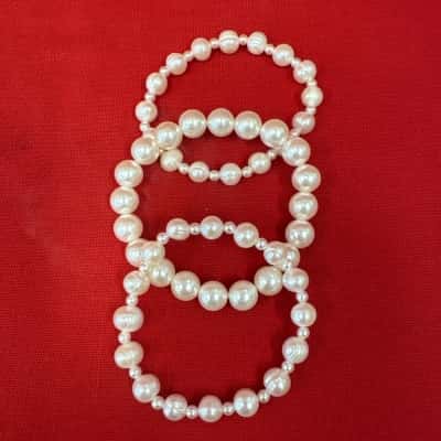  Women's Set of Three Stretch Bracelets Showcasing a Mix of Near Round & Organic Baroque White Faux Pearls 