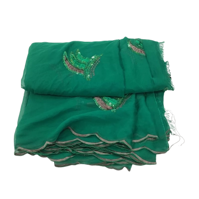 Sheer Emerald Green Poly Fabric with Sequins & Grey Embroidery     120 x 460 cm      (F3)