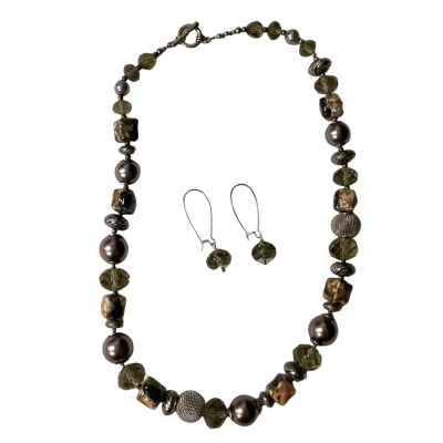 Statement Beaded Necklace & Earrings with various Earth Toned Beads Brown / Green / Silver 