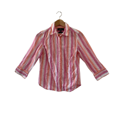 Sportscraft Women's Size 8 Orange / Pink  / Striped / White Pure Linen 3/4 Sleeve Shirt 