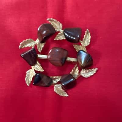  Women's Coro Brooch features a Wreath of Gold Tone Metal Leaves Adorned with Tigers Eye Stones