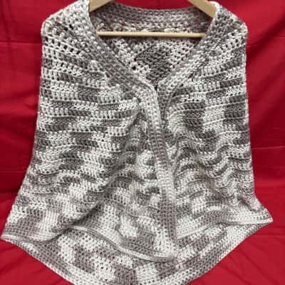  Women's Handmade Vintage Style Boho Crochet Shawl featuring Shaped Shoulder with Front Clasp  Size One Size Brown / Off White 