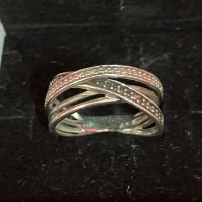  Women's 925 Silver Black White Diamond Illusion Crossover Ring 