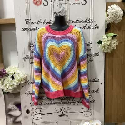 Ghanda Brand! Womens  Size L  MULTI COLOURED LOVE HEART PATTERNED KNITTED JUMPER Crew Neck Jumper Multicoloured / Pattern 