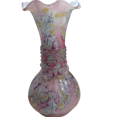 Simeon Handpainted in Israel art glass vase with a ruffled rim and a “spatter/mottled” finish