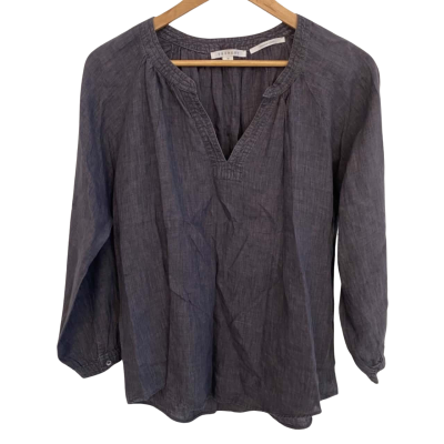 Trenery Womens Linen Size M Long Sleeve Top / V-Neck Top Black  / Grey 