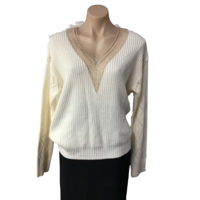 Womens Size M Cream / Gold Lace V-neck Knitted Pattern Long Sleeve Jumper