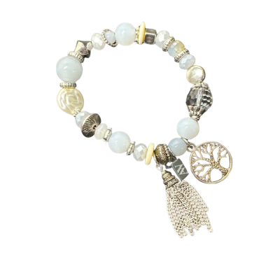 Beaded stretch bracelet with silver tone tree of life 