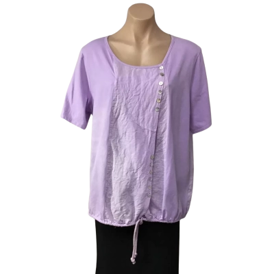 La Strada Womens Size L Mauve Linen Blend Short Sleeve Top with Drawstring Hem