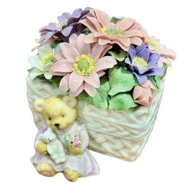 Vintage Porcelain Musical Box- Teddy Bear with Basket of Flowers 