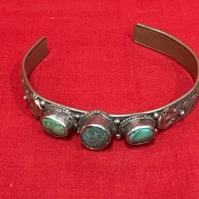  Women's Cuff Bracelet Showcasing Intricate Metal Work with 3 Green Gemstones & Decorative Edges