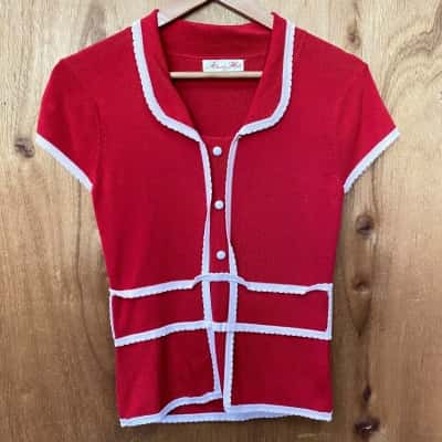 Alannah Hill Red/Cream Scalloped Trim Top Size 12