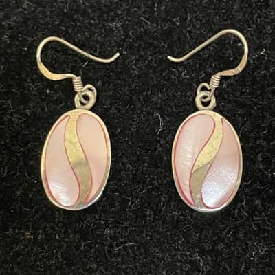  Sterling Silver 925 & Pink Shell Inlay Earrings