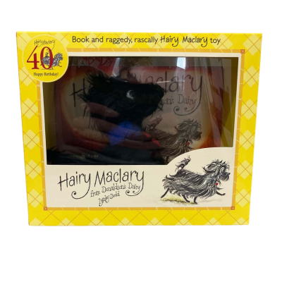 40th Anniversary edition of Hairy Maclary from Donaldson’s Dairy book with Hairy Maclary toy