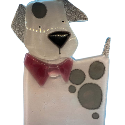Glass art ornament decoration - Dog with a pink bow tie 