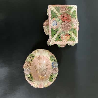 Vintage Italian ceramic potpourri display piece or box with matching bowl 