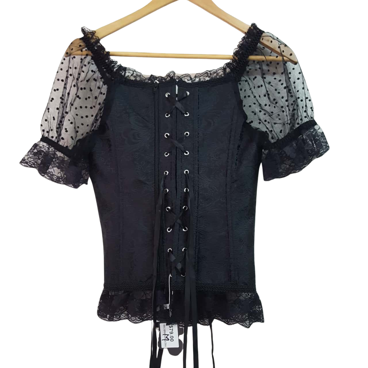 Black Cotton Overbust Corset with Zip Front and Garter Loops