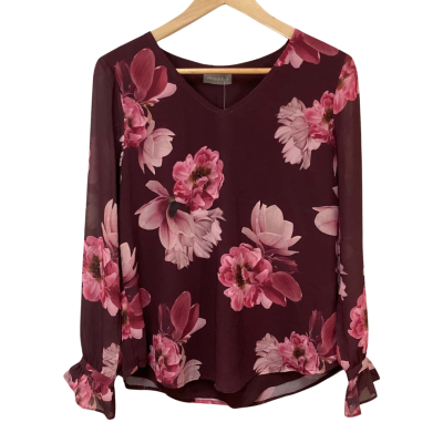 BNWT Jacqui E Women’s Size 12 Maroon Floral Long Sleeve Top