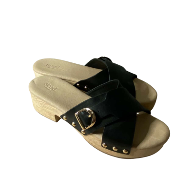 Seed Buckle Strap Black Leather Heeled Clogs Size 38
