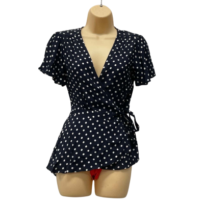 Forever New Womens  Size 6 Wrap Blouse Navy Blue / Polka Dot 