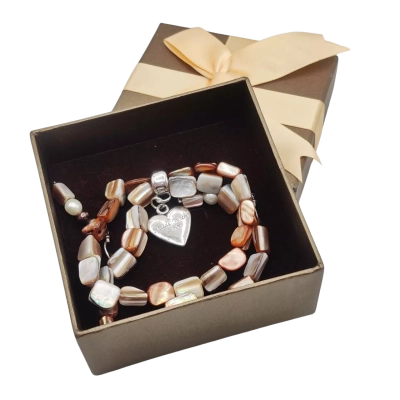 Great Gift Mother Of Pearl Bracelet  & Matching Pearl Earrings & Silver Hoops "Made With Love" Heart Detail In Lovely Gift Box