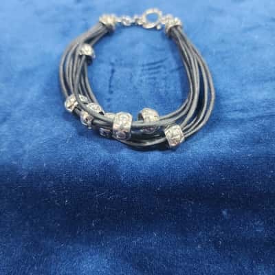  Womens Bracelet Black  / Silver  Leather and Silver 925