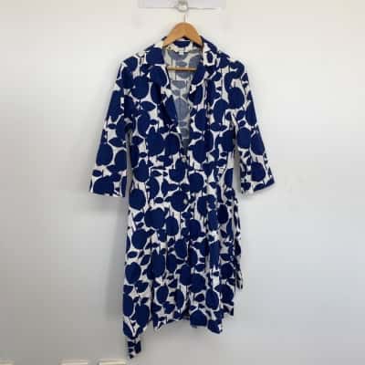 Boden Blue White Floral Long Sleeve Shirt Midi Dress Size 14 