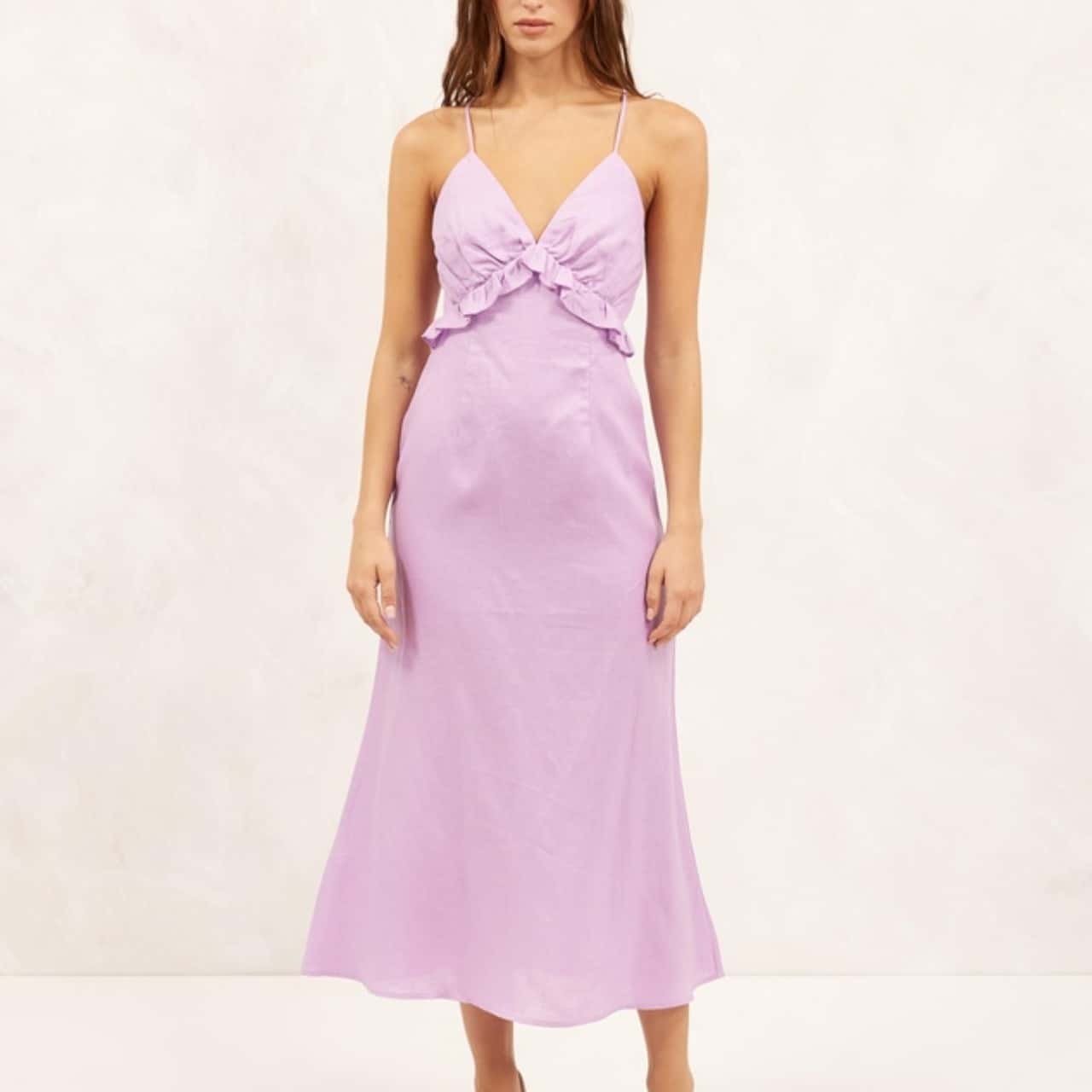 BRAND NEW WITH TAGS AERE Linen Frill Midi Dress Lavender Size 12 RRP:  $160(s) | Salvos Stores