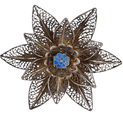  Womens Brooch  Antique Sterling Silver Filigree Blue Enamel Flower 