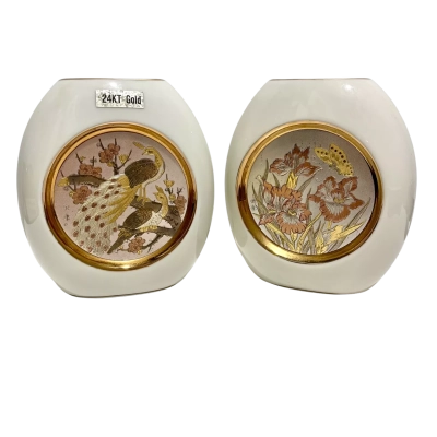 Pair Vintage Japanese Chokin Art Vases – 24KT Gold Accents – Peacock & Floral Design