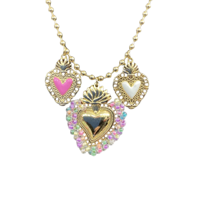 Vintage Y2K Womens Necklace Gold Tone Sacred Hearts on Ball Chain