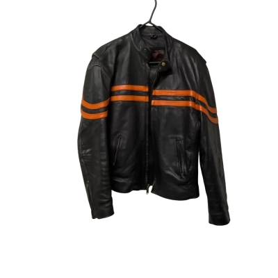  Mens Size L Leather Biker Jacket Black / Orange 