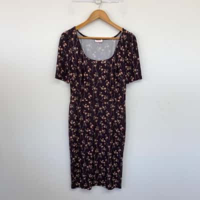 Leona Edmiston Dark Burgundy Floral Print Short Sleeve Midi Dress  Size 1 