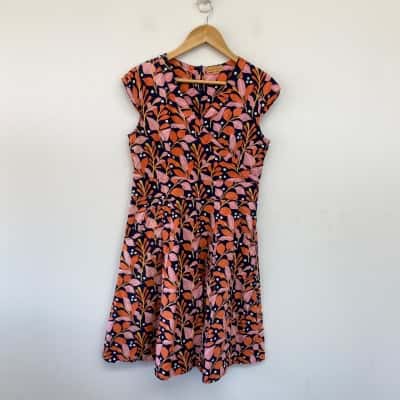 Karma East Navy Blue Orange Floral Short Sleeve Midi Dress Size M 