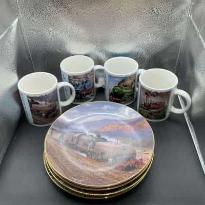 Set of 4 Train Mugs and Matching Plates 