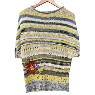 Desigual Womens Size M Cream/Green/Yellow Striped Knit Top