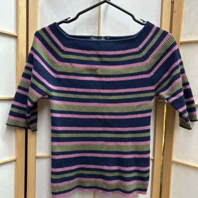 Princess Highway Womens Size 12 3/4 Sleeve TopCropped Top Green / Navy Blue / Purple / Striped 
