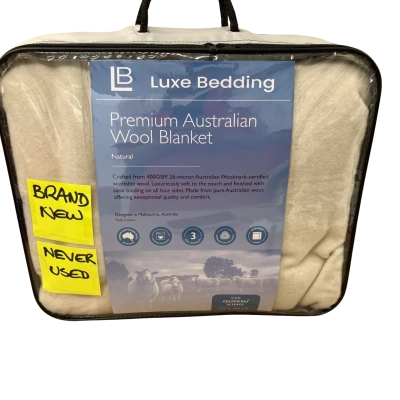 ‘Luxe bedding’ premium Australian wool blanket in natural colour for queen or king size bed