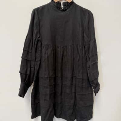 AERE 100% Linen Long Sleeve Mini Dress Black - Size 10 