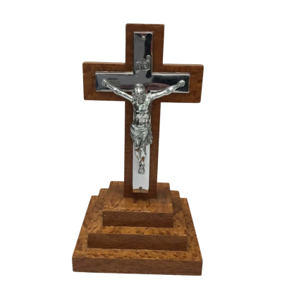  Vintage Chrome Crucifix On Wooden Cross & Stand