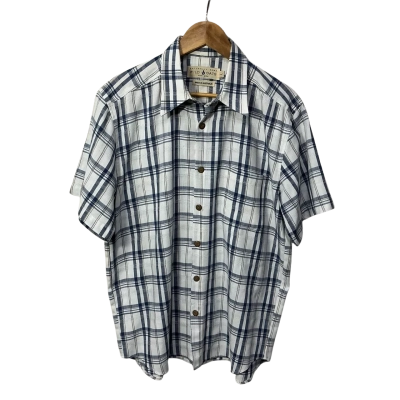 Wild Oats Mens Size L White / Navy Blue / Brown Checked Short Sleeve Shirt 
