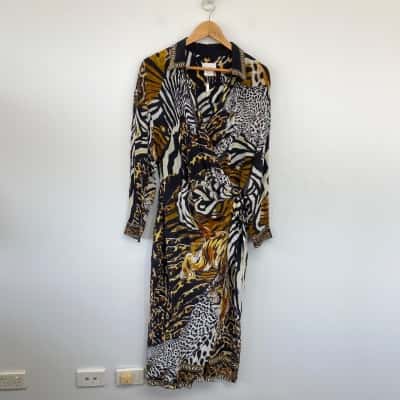 Camilla Animal Print Long Sleeve Wrap Midi Dress  Size L 