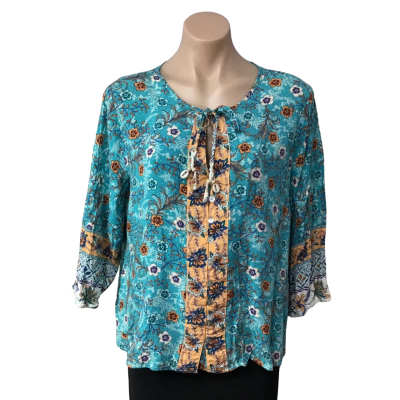 Iris Maxi Womens Size 18 Turquoise / Orange / White / Blue Floral Button up Short Sleeve Top 
