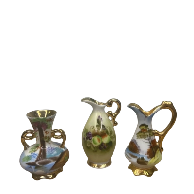 Trio of Vintage Handpainted Miniature Ceramic Vases/Pitchers with Gold Trim
