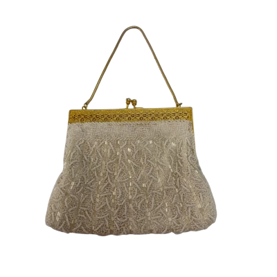 Vintage 1960s Style Ivory Hand-Beaded Kiss Lock Evening Purse #VintageFashion #BeadedBag