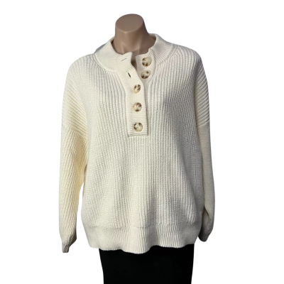 Grab Denim Womens Size L Cream Ribbed Jumper with Henley Collar