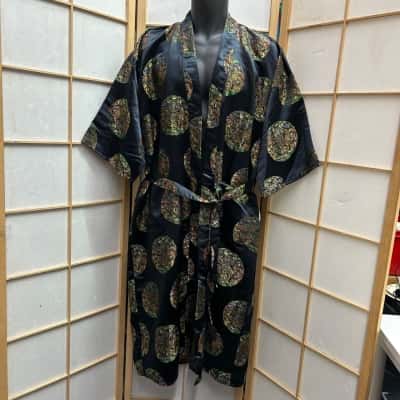 PLANTS Unisex Size M Silk Pants Cardigan / Longline Cardigan / 3/4 Sleeves Black / Gold / Pattern 