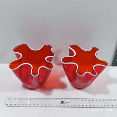 Duo Red White Ruffled Art Glass Vase Vintage Candy Dish